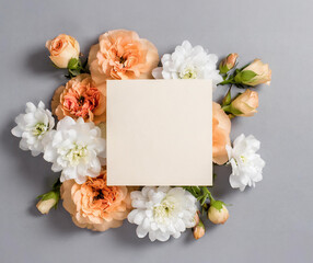 Beautiful Mock up composition of top view blank white sheet of paper with a frame of flowers. Mockup background with flower bouquet, blooming plants and empty space for text. Generative AI - 797936191