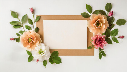 Beautiful Mock up composition of top view blank white sheet of paper with a frame of flowers. Mockup background with flower bouquet, blooming plants and empty space for text. Generative AI - 797936339