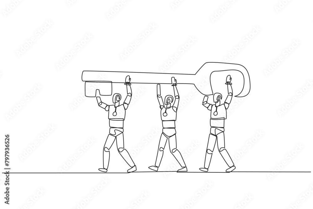 Poster continuous one line drawing group of robots work together carrying the key. artificial intelligence 