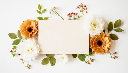 Beautiful Mock up composition of top view blank white sheet of paper with a frame of flowers. Mockup background with flower bouquet, blooming plants and empty space for text. Generative AI - 797936507