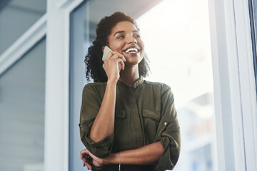 Phone call, happy and business black woman by window for online conversation, contact and talking....