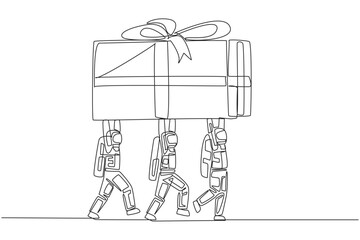 Fototapeta na wymiar Single continuous line drawing group of astronauts work together to carrying gift box. A successful space expedition mission. Award. Achievement. Cosmonaut space. One line design vector illustration