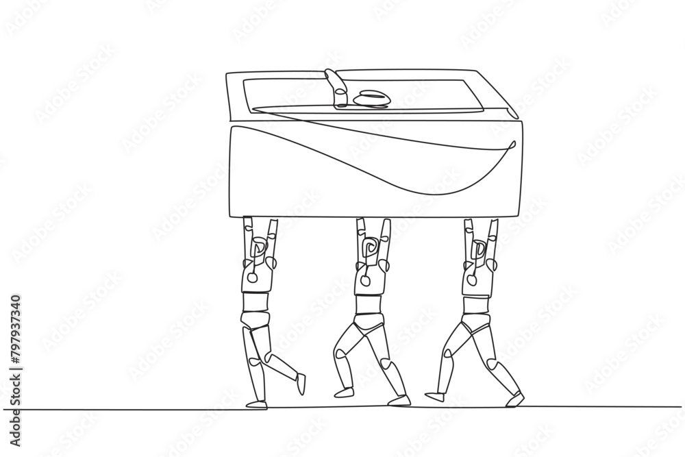 Poster continuous one line drawing a group of robots work together carrying safe deposit box. take part in 