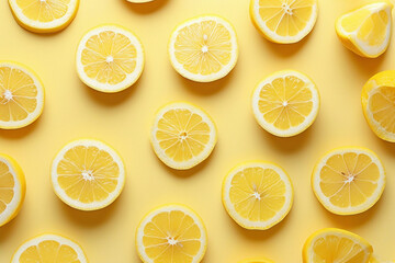 Freshly sliced lemons arranged on a vibrant yellow background, flat lay, top view concept for summer refreshment and healthy lifestyle
