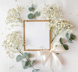 Beautiful Mock up composition of top view of gypsophila and eucalyptus. Mockup background with flower bouquet, blooming plants and empty space for text. Generative AI. - 797937531