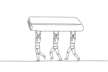 Single one line drawing a group of robots work together carrying a book. Implementation of artificial intelligence. Adding knowledge to robots. Technology. Continuous line design graphic illustration