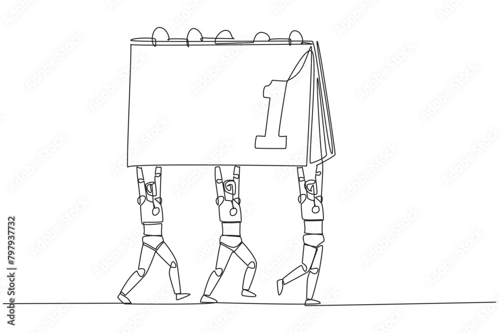 Poster continuous one line drawing a group of robots work together carrying a desk calendar. able to manage
