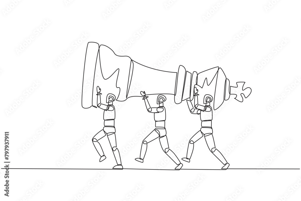 Poster continuous one line drawing group of robots work together carrying the king's chess pieces. artifici