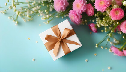 A gift box, bouquet of flowers, and a greeting card on a light-colored table with a soft and airy background