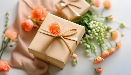 A gift box, bouquet of flowers, and a greeting card on a  table with a soft pastel background.