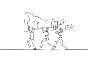 Fototapeta premium Continuous one line drawing group of robots work together carrying the king's chess pieces. Artificial intelligence is able to design strategy. Technology. Single line draw design vector illustration