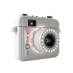 Retro futuristic white camera with lighting led from front, isolate on transparent png.
