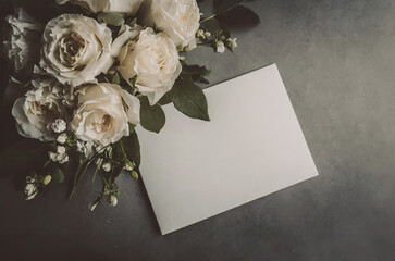 Beautiful composition of top view blank white sheet of paper with a frame of flowers. background with flower bouquet, blooming plants and empty space for text. Generative AI