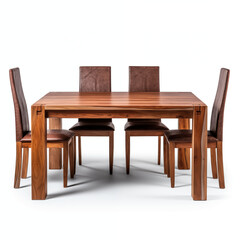 A set of four chairs and a wooden table made of natural materials The furniture is isolated on a white background