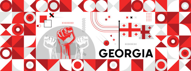  Flag and map of Georgia with raised fists. National day or Independence day design for Counrty celebration. Modern retro design with abstract icons. Vector illustration.