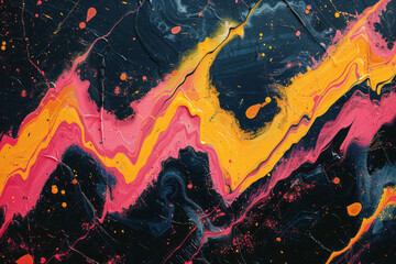 An abstract pattern with sharp neon pink and yellow zigzags cutting through a deep black background,