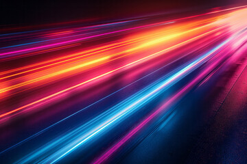 An energetic design with diagonal neon red and blue stripes creating a sense of movement against a black backdrop,