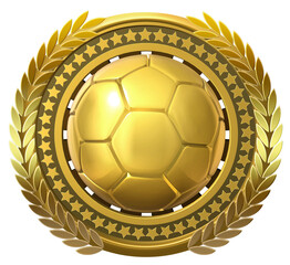 A round golden badge dedicated to the sport of soccer, adorned with a laurel wreath and stars, featuring a soccer ball at its center. 3D illustration