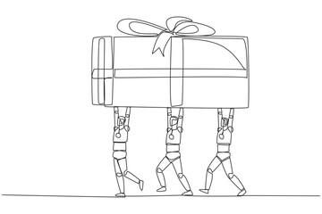 Continuous one line drawing group of robots work together to carrying gift box. The smartest robot. Successful artificial intelligence. Present. Technology. Single line draw design vector illustration