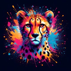 illustration of A cheetah with splashes of paint surrounding t-shirt design