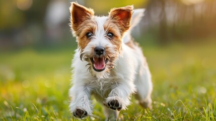 A small dog with brown and white fur is running across green grass toward the camera with a happy expression on its face.