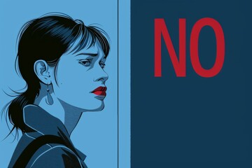 This powerful pop art illustration of a woman's profile next to a bold "NO" speaks to empowerment and assertiveness, suitable for social messages.