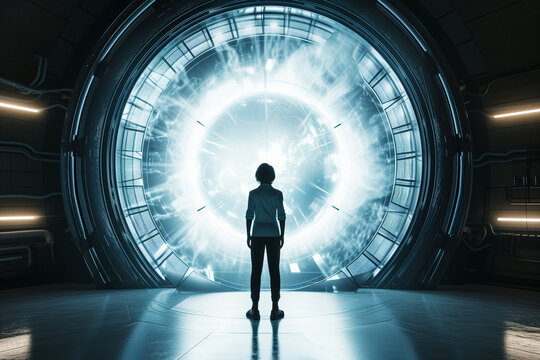 Person standing in front of a futuristic portal, concept of time travel or interdimensional gate