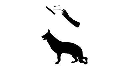 Dog training, hand throws a stick,  black isolated silhouette