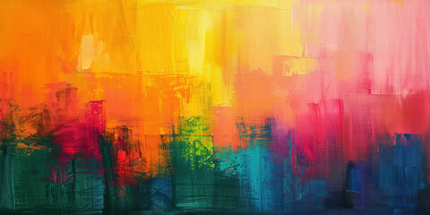 Vibrant Abstract Cityscape Painting in Orange, Yellow, Green, and Blue Tones on Canvas