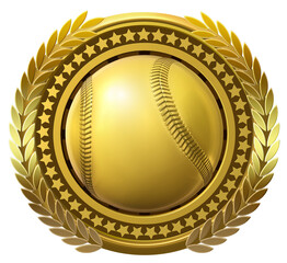A round golden badge dedicated to the sport of baseball, adorned with a laurel wreath and stars, featuring a baseball ball at its center. 3D illustration