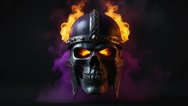3d visual effect skull wear medieval helmet with purple smoke and fire flame on backdrop