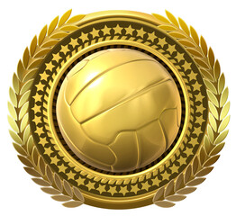 A round golden badge dedicated to the sport of volleyball, adorned with a laurel wreath and stars, featuring a volleyball ball at its center. 3D illustration