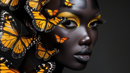 A woman with yellow butterflies on her face against a black background, in the style of dark grey and light amber, black paintings in the style of dark gray and silver
