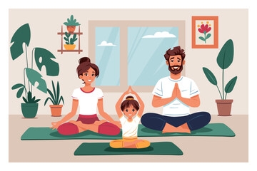 Mother, father and daughter doing yoga in lotus position at home. Family yoga fitness concept. Flat vector illustration