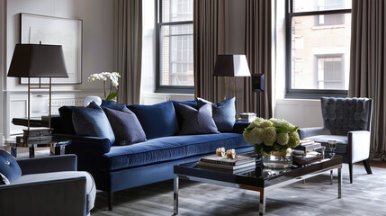 chic urban loft with a navy-blue sofa as the centerpiece, surrounded by soft grays and creams. Industrial furniture and soft lighting create an open yet intimate space for stylish city living.