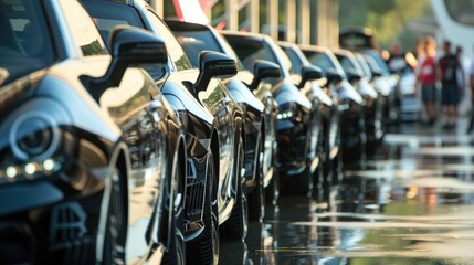 Fototapeta premium A row of cars are parked in a lot, with some of them being black, Generative AI