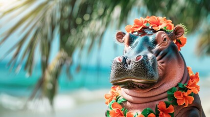 Summer background, Hippopotamus with hawaiian costume tropical palm and beach background