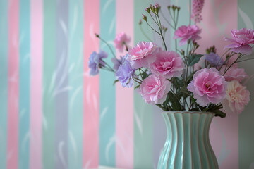A charming design with thin, horizontal stripes in soft lavender and mint green, reflecting 1950s pastel trends,