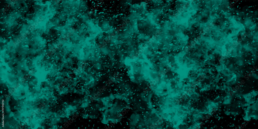 Poster Abstract dynamic particles with soft Blue clouds on dark background. Defocused Lights and Dust Particles. Watercolor wash aqua painted texture grungy design.