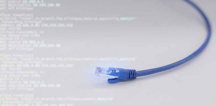 close up on RJ-45 connector wire on white table background with virtual configuration software to connection and communication between network interface and topology of ethernet for technology concept