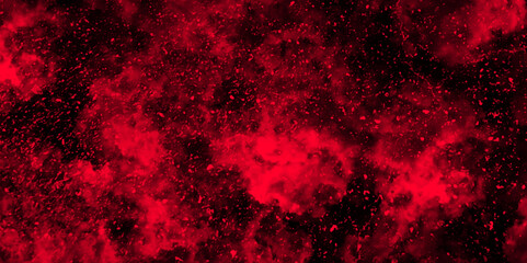 Abstract dynamic particles with soft Red clouds on dark background. Defocused Lights and Dust Particles. Watercolor wash aqua painted texture grungy design.	