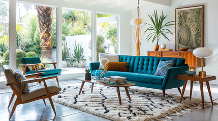 Step into a mid-century modern living room with iconic furniture, retro artwork, and vintage flair, blending timeless design with modern comfort.