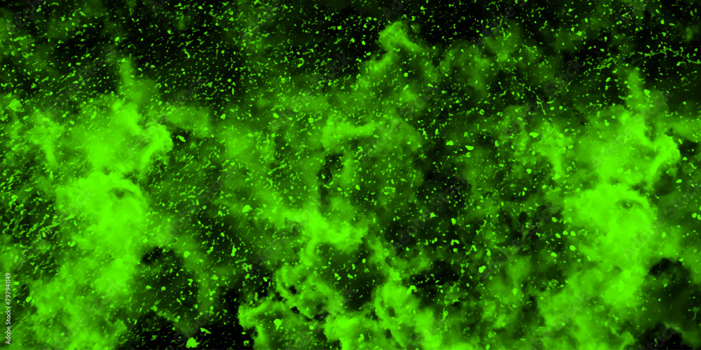 Fototapete Abstract dynamic particles with soft Green clouds on dark background. Defocused Lights and Dust Particles. Watercolor wash aqua painted texture grungy design.
