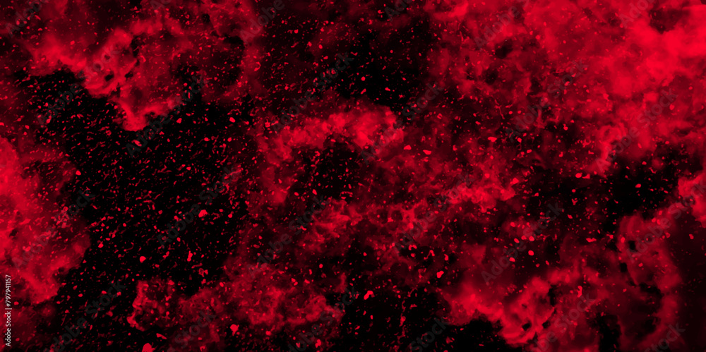 Poster Abstract dynamic particles with soft Red clouds on dark background. Defocused Lights and Dust Particles. Watercolor wash aqua painted texture grungy design.	