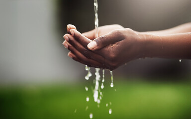 Hands, water and sustainability with sanitation for environment, health and eco friendly. Ecology,...