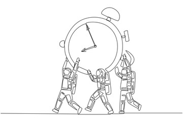 Single continuous line drawing group of astronauts work together carrying alarm clock. Appreciate the time. Time is the greatest asset. Cosmonaut. Space expedition. One line design vector illustration