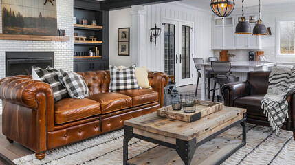 Modern farmhouse living room with rustic & industrial elements. Leather sofa, brick fireplace, plaid pillows, reclaimed wood table, pendant lights.