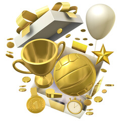 A gift box bursts open revealing a golden volleyball ball accompanied by a shining trophy cup and a gold medal, symbolizing a hard-earned victory in a volleyball sport competition. 3D render
