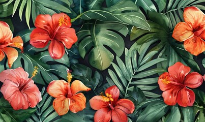 watercolor seamless pattern with exotic tropical flowers, Generative AI