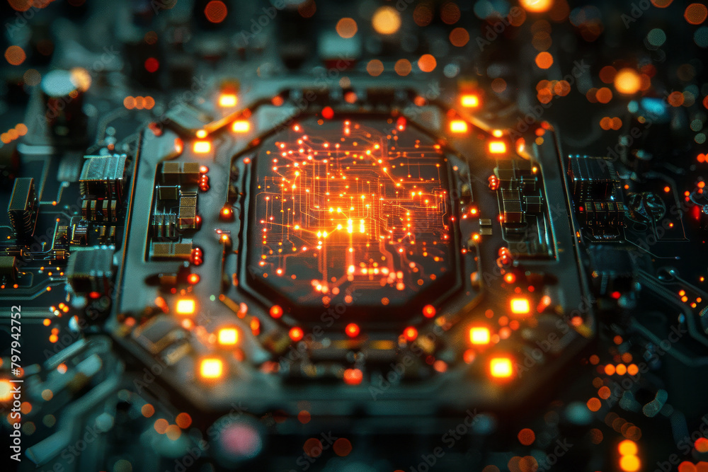 Aufkleber an artistic interpretation of a quantum computer chip, with qubits visualized as interconnected node